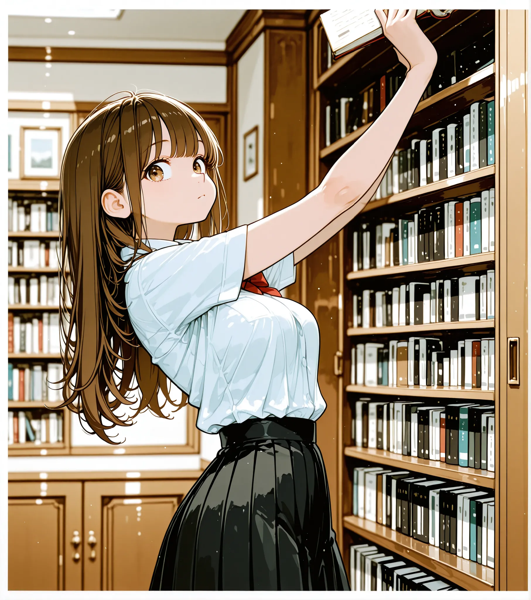1girl, solo, perfect_curves, sexy_body, skirt, long_hair, book, brown_eyes, shirt, brown_hair, pleated_skirt, looking_at_viewer, short_sleeves, white_shirt, bookshelf, holding, arms_up, library, school_uniform, bangs, cowboy_shot, holding_book, border, bla...