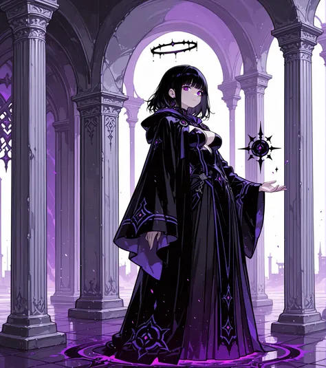 1girl, solo, hood, purple_eyes, looking_at_viewer, black_hair, robe, full_body, breasts, halo, cloak, dark_persona, pillar, medium_hair, corruption, wide_sleeves, standing