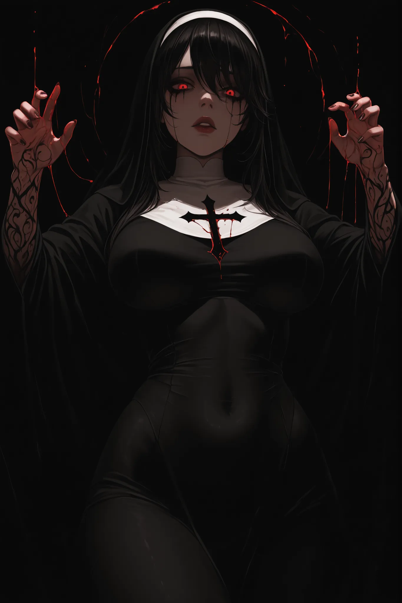 A mysteriously alluring nun woman with a beautiful, yet unsettling visage. Her face is framed by a traditional veil that casts a shadow over her features, allowing her crimson eyes to gleam seductively amidst the stark contrast of the gothic chiaroscuro. T...