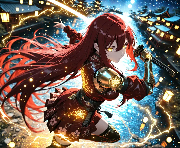 1 girl, Ryu Shana, golden eyes, ((burgundy hair:0.5)), (red hair:0.9), very long hair, hair between eyes, long sidelocks, medium breasts, petite, curvy, very cute, Glowing_Lights, glowing_light, glowing, glowing_effect, sparkling, particles, sparkle_effect...