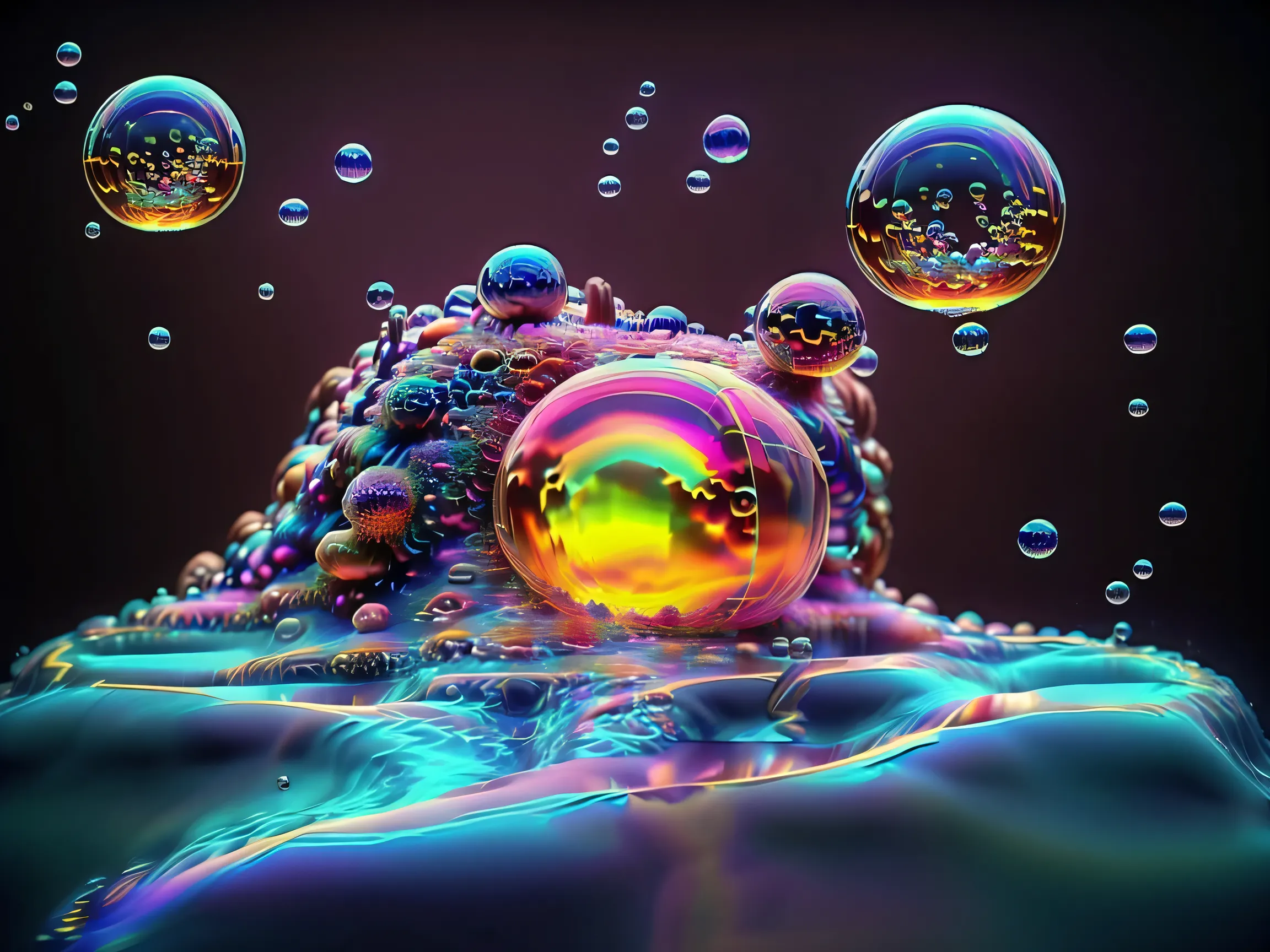 A close up of beautiful bubbles floating on top of each other, LSD, DMT imagery. octane render, psychedelic droplets of water, abstract liquid, and intricate rainbow art. octane render, black 3d fluid simulation, ethereal bubbles, swirling liquids, and hi...