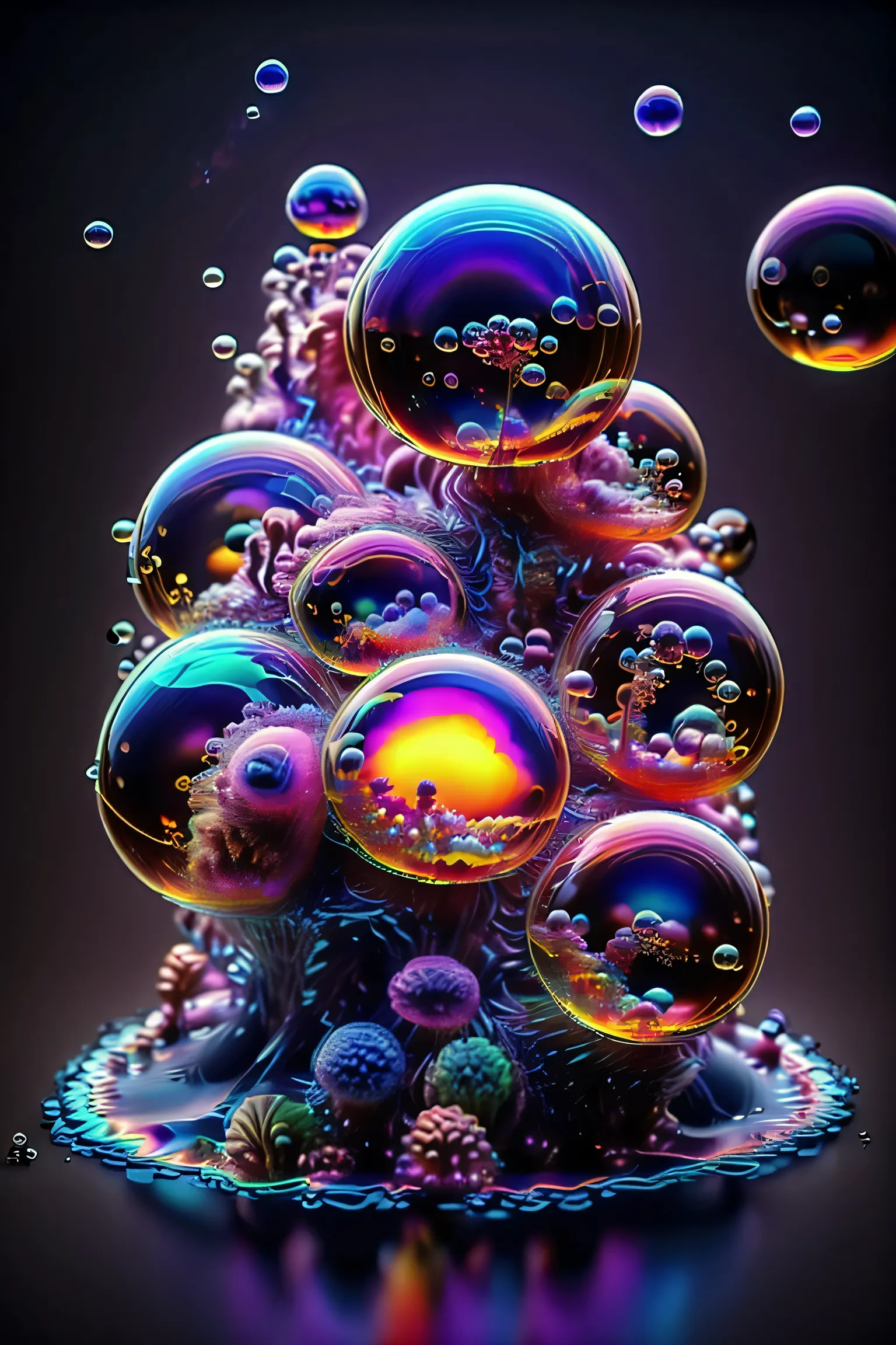 A close up of beautiful bubbles floating on top of each other, LSD, DMT imagery. octane render, psychedelic droplets of water, abstract liquid, and intricate rainbow art. octane render, black 3d fluid simulation, ethereal bubbles, swirling liquids, and hi...