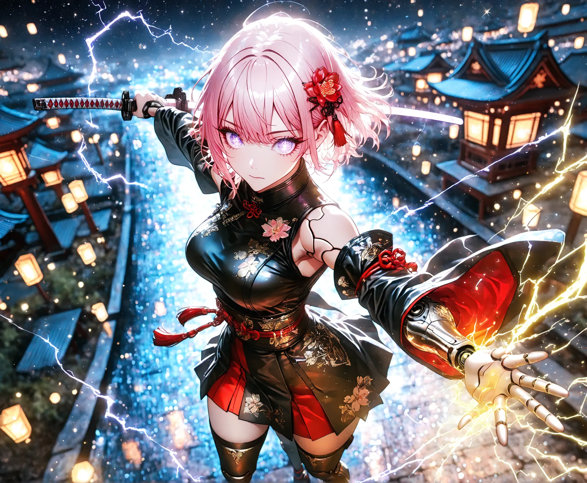 1 girl, violet eyes, light pink hair, short hair, cool, beautiful, medium breast, very cute, lovely, kawaii,Glowing_Lights, glowing_light, glowing, glowing_effect, sparkling, particles, sparkle_effect, light_particles, glitter, glitter_effect, bokeh, light...