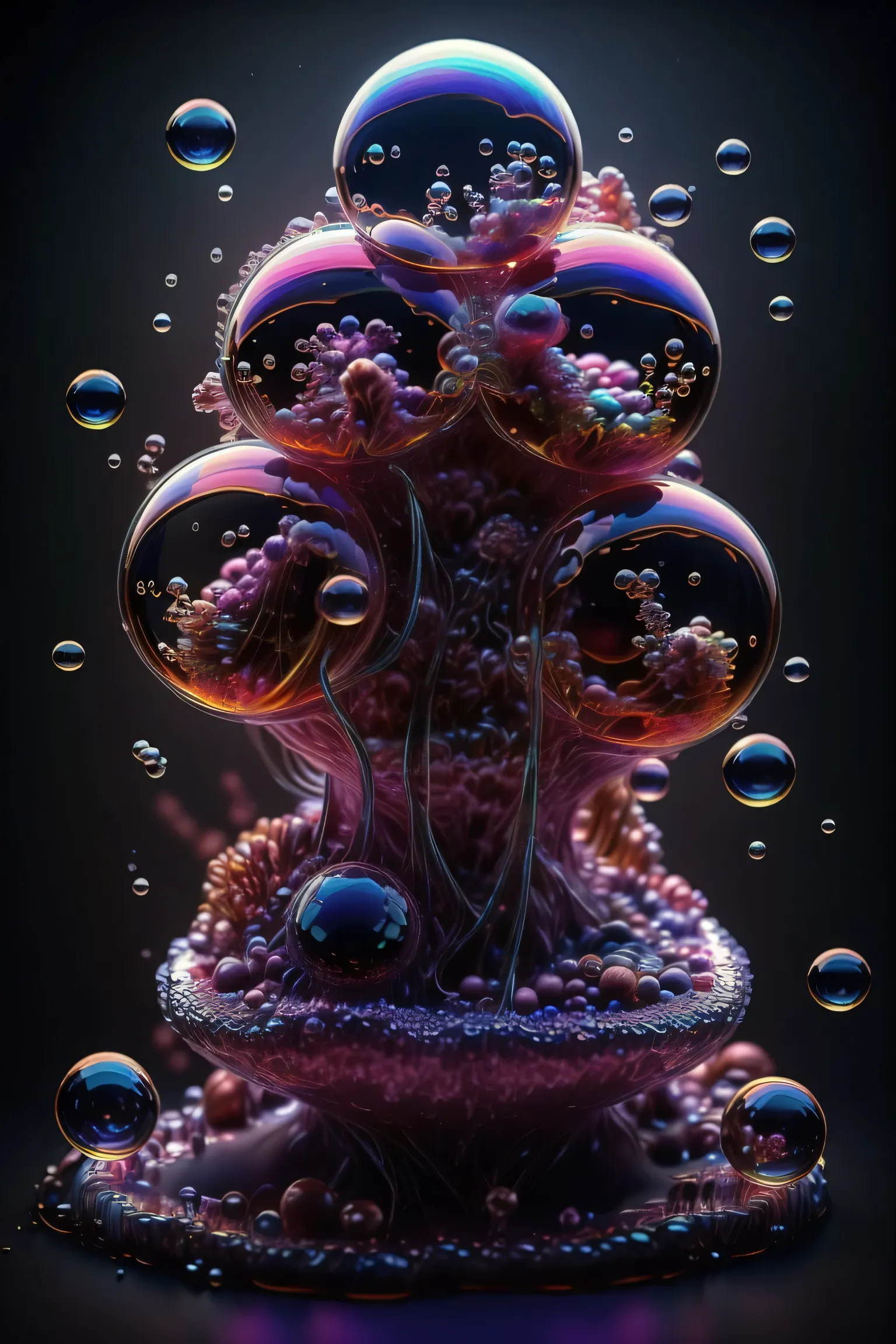 A close up of beautiful bubbles floating on top of each other, LSD, DMT imagery. octane render, psychedelic droplets of water, abstract liquid, and intricate rainbow art. octane render, black 3d fluid simulation, ethereal bubbles, swirling liquids, and hi...