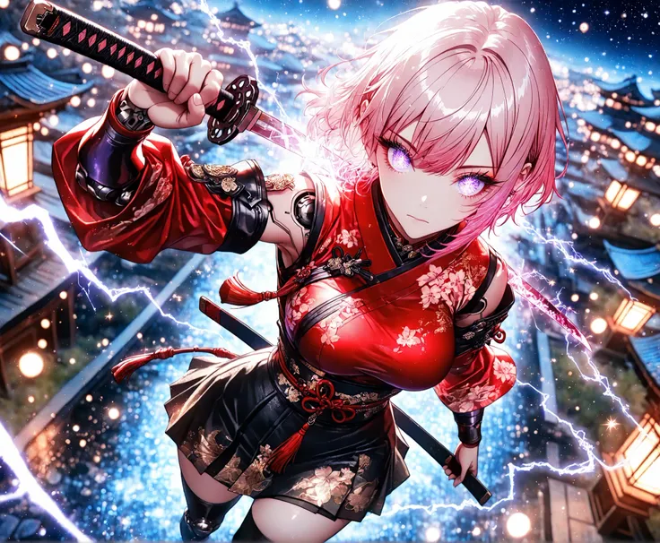 1 girl, violet eyes, light pink hair, short hair, cool, beautiful, medium breast, very cute, lovely, kawaii,Glowing_Lights, glowing_light, glowing, glowing_effect, sparkling, particles, sparkle_effect, light_particles, glitter, glitter_effect, bokeh, light...