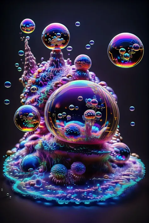 A close up of beautiful bubbles floating on top of each other, LSD, DMT imagery. octane render, psychedelic droplets of water, abstract liquid, and intricate rainbow art. octane render, black 3d fluid simulation, ethereal bubbles, swirling liquids, and hi...
