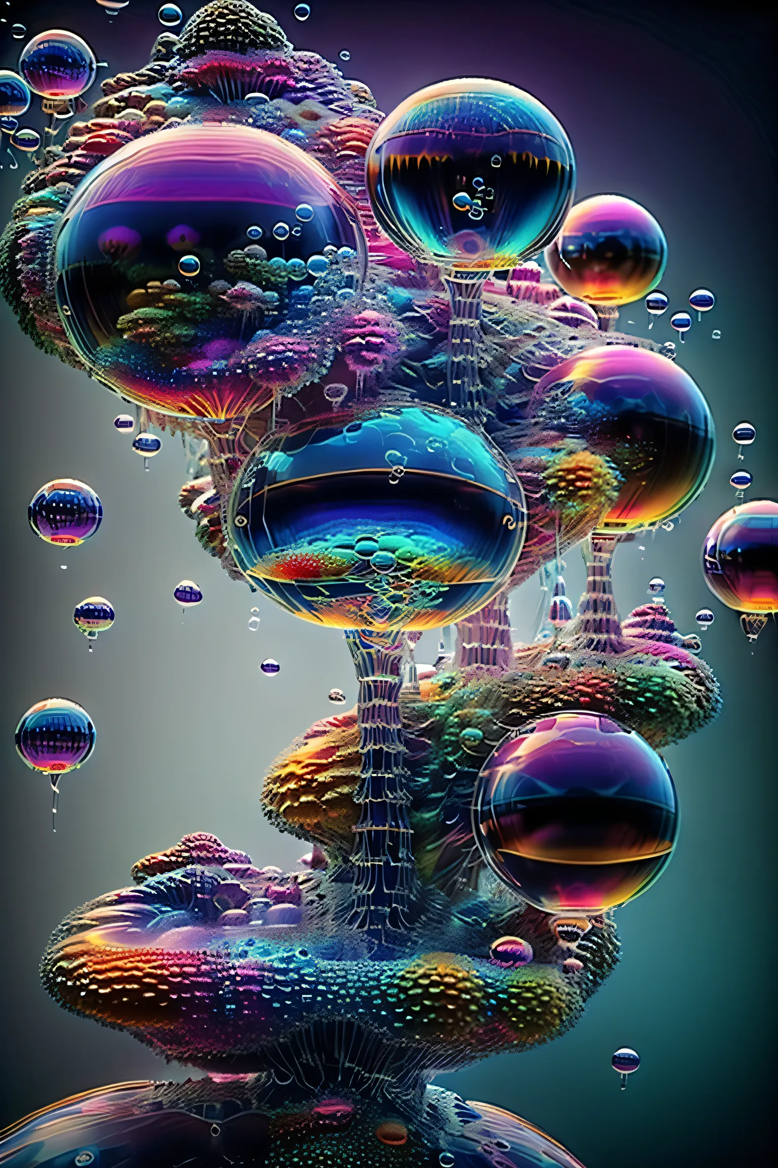 A close up of beautiful bubbles floating on top of each other, LSD, DMT imagery. octane render, psychedelic droplets of water, abstract liquid, and intricate rainbow art. octane render, black 3d fluid simulation, ethereal bubbles, swirling liquids, and hi...