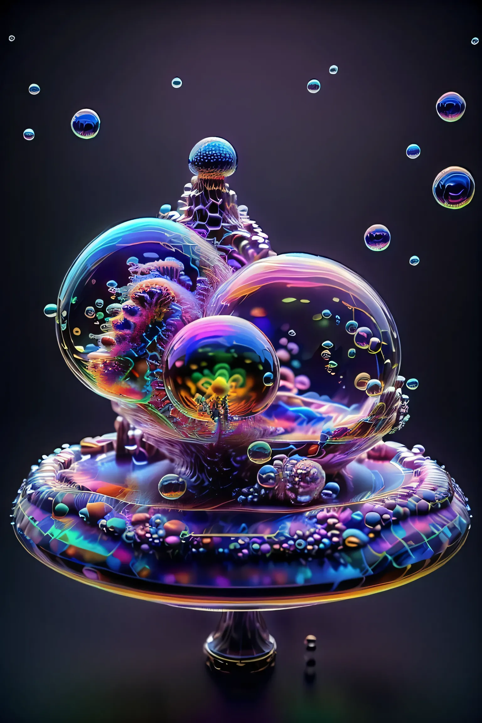 A close up of beautiful bubbles floating on top of each other, LSD, DMT imagery. octane render, psychedelic droplets of water, abstract liquid, and intricate rainbow art. octane render, black 3d fluid simulation, ethereal bubbles, swirling liquids, and hi...