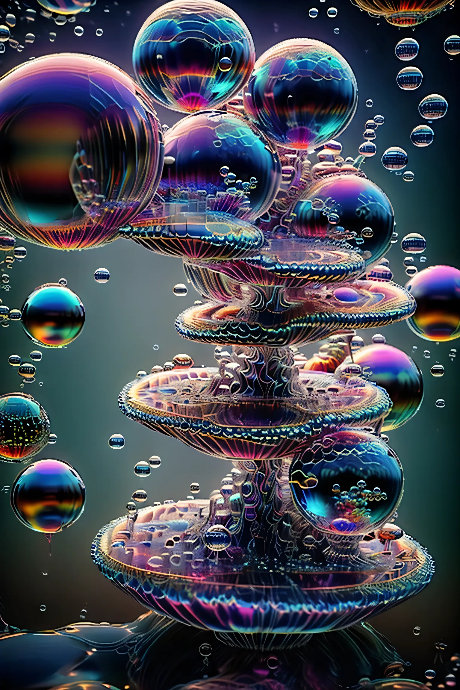 A close up of beautiful bubbles floating on top of each other, LSD, DMT imagery. octane render, psychedelic droplets of water, abstract liquid, and intricate rainbow art. octane render, black 3d fluid simulation, ethereal bubbles, swirling liquids, and hi...