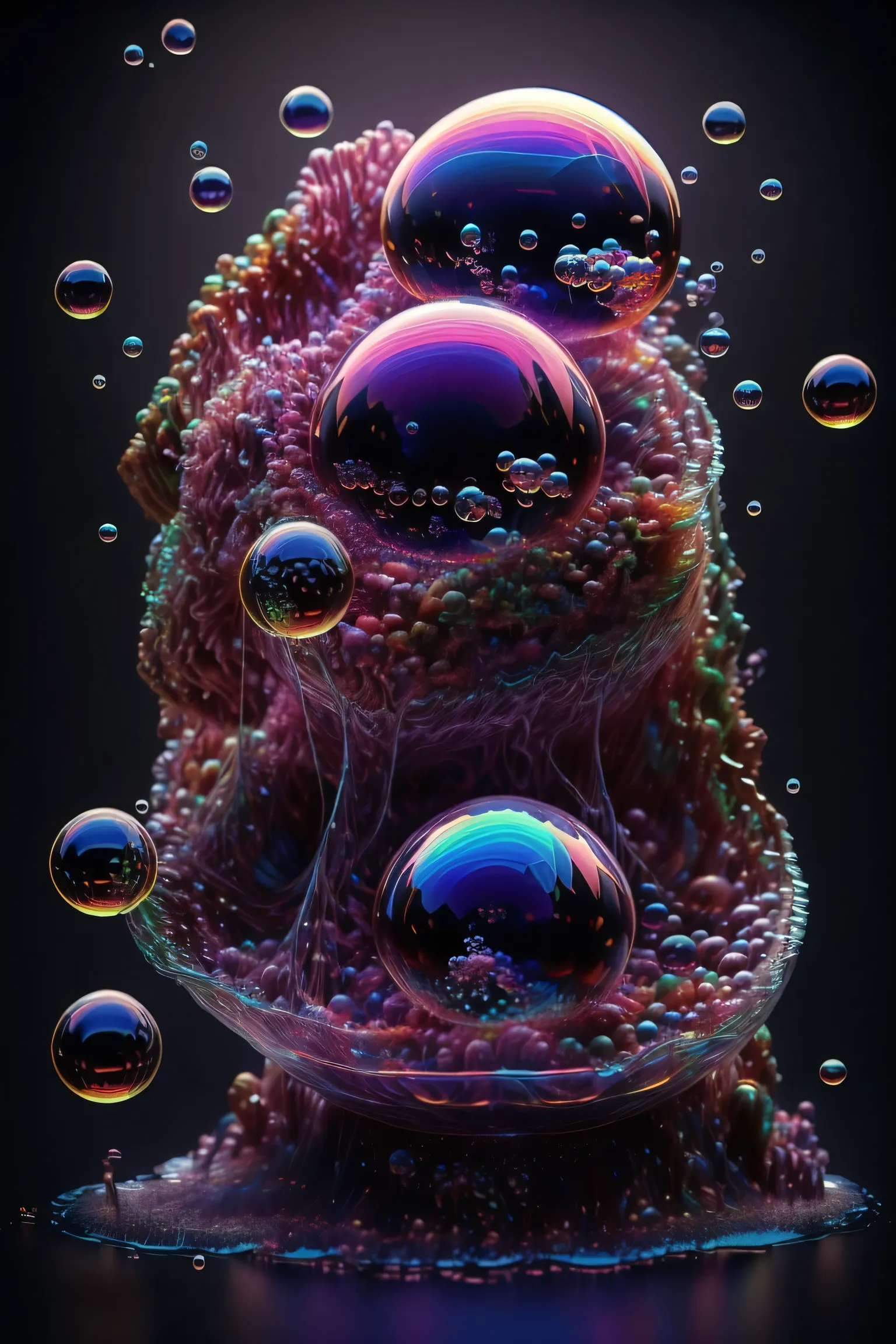 A close up of beautiful bubbles floating on top of each other, LSD, DMT imagery. octane render, psychedelic droplets of water, abstract liquid, and intricate rainbow art. octane render, black 3d fluid simulation, ethereal bubbles, swirling liquids, and hi...