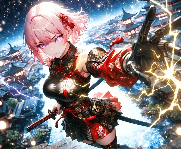 1 girl, violet eyes, light pink hair, short hair, cool, beautiful, medium breast, very cute, lovely, kawaii,Glowing_Lights, glowing_light, glowing, glowing_effect, sparkling, particles, sparkle_effect, light_particles, glitter, glitter_effect, bokeh, light...