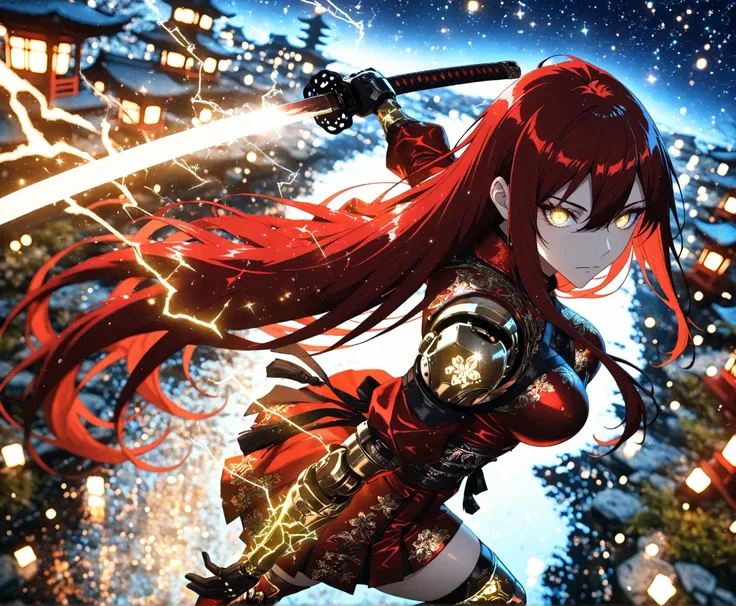 1 girl, Ryu Shana, golden eyes, ((burgundy hair:0.5)), (red hair:0.9), very long hair, hair between eyes, long sidelocks, medium breasts, petite, curvy, very cute, Glowing_Lights, glowing_light, glowing, glowing_effect, sparkling, particles, sparkle_effect...
