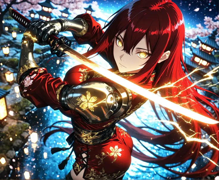 1 girl, Ryu Shana, golden eyes, ((burgundy hair:0.5)), (red hair:0.9), very long hair, hair between eyes, long sidelocks, medium breasts, petite, curvy, very cute, Glowing_Lights, glowing_light, glowing, glowing_effect, sparkling, particles, sparkle_effect...