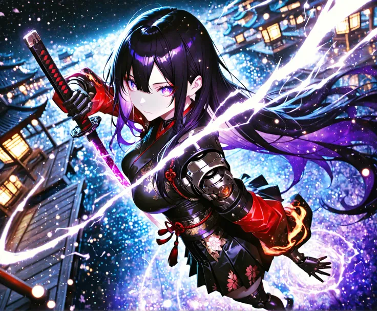 11 woman, sharp purple eyes , multicolored eyes , hair between eyes , long side bangs , black hair with fine purple strands , very long hair , medium breasts , cool, beautiful,
,Glowing_Lights, glowing_light, glowing, glowing_effect, sparkling, particles, ...
