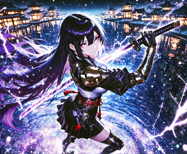 11 woman, sharp purple eyes , multicolored eyes , hair between eyes , long side bangs , black hair with fine purple strands , very long hair , medium breasts , cool, beautiful,
,Glowing_Lights, glowing_light, glowing, glowing_effect, sparkling, particles, ...
