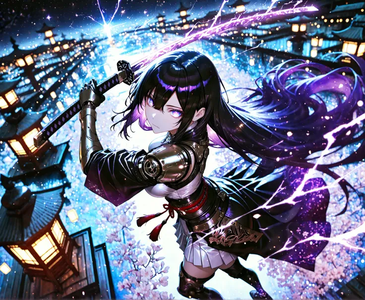 11 woman, sharp purple eyes , multicolored eyes , hair between eyes , long side bangs , black hair with fine purple strands , very long hair , medium breasts , cool, beautiful,
,Glowing_Lights, glowing_light, glowing, glowing_effect, sparkling, particles, ...