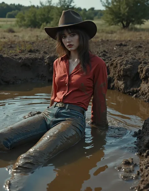 1980s artistic film photo setting, cowgirl, shameful fetishistic atmosphere,woman taking a mud bath , jeans,covered in mud,expression of despair, blouse, red green blue