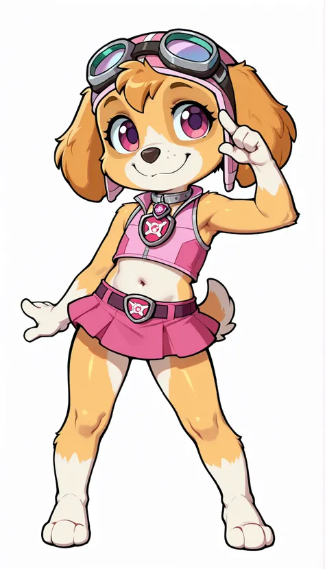 score_9, score_8_up, score_8, 1girl, source_cartoon, source_furry, skyepp, dog, furry, toddler, skye, paw patrol, cute face, 4 fingers, standing, ((goggles, pink pilot hat, Skye collar, pink top, midriff, pink mini skirt)), white background, simple backgro...
