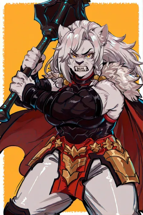 kurenaiz, ThokkIN, masterpiece, ultra highres, best quality, 1girl, tall, medium breasts, short asymmetrical haircut, textured choppy ends, side-swept bangs, layered cut, tousled texture, modern hairstyle, female Battle Beast, athletic lioness warrior, Bat...