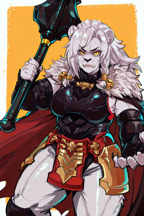 kurenaiz, ThokkIN, masterpiece, ultra highres, best quality, 1girl, tall, medium breasts, short asymmetrical haircut, textured choppy ends, side-swept bangs, layered cut, tousled texture, modern hairstyle, female Battle Beast, athletic lioness warrior, Bat...