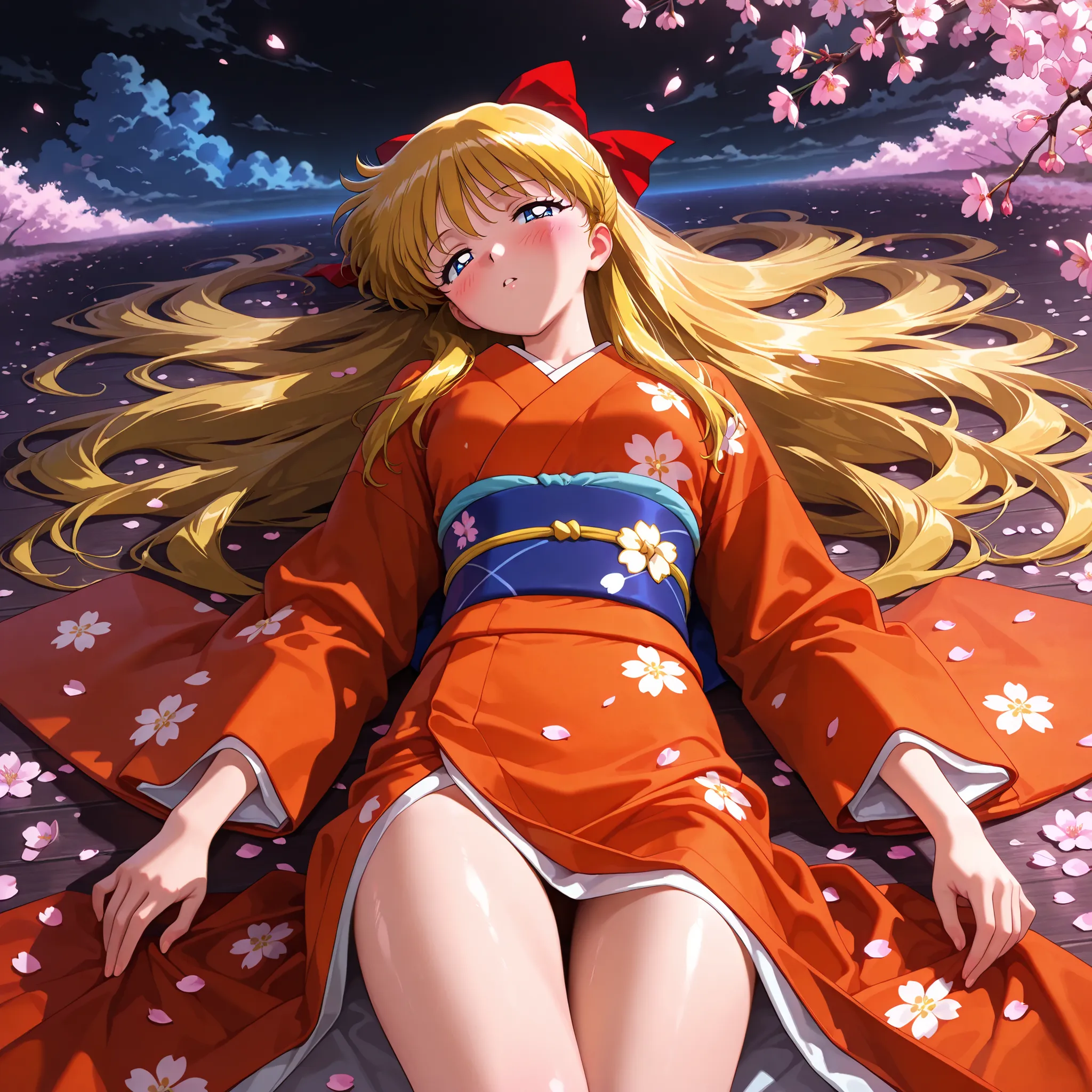 masterpiece, amazing quality, best quality, ultra-detailed, 8K, illustration, clear skin, ultra-detailed-eyes, soft skin, very awa, very as2, soft body, 1990s \(style\), official art, minako aino, blonde hair, blue eyes, hair bow, half updo, long hair, sma...