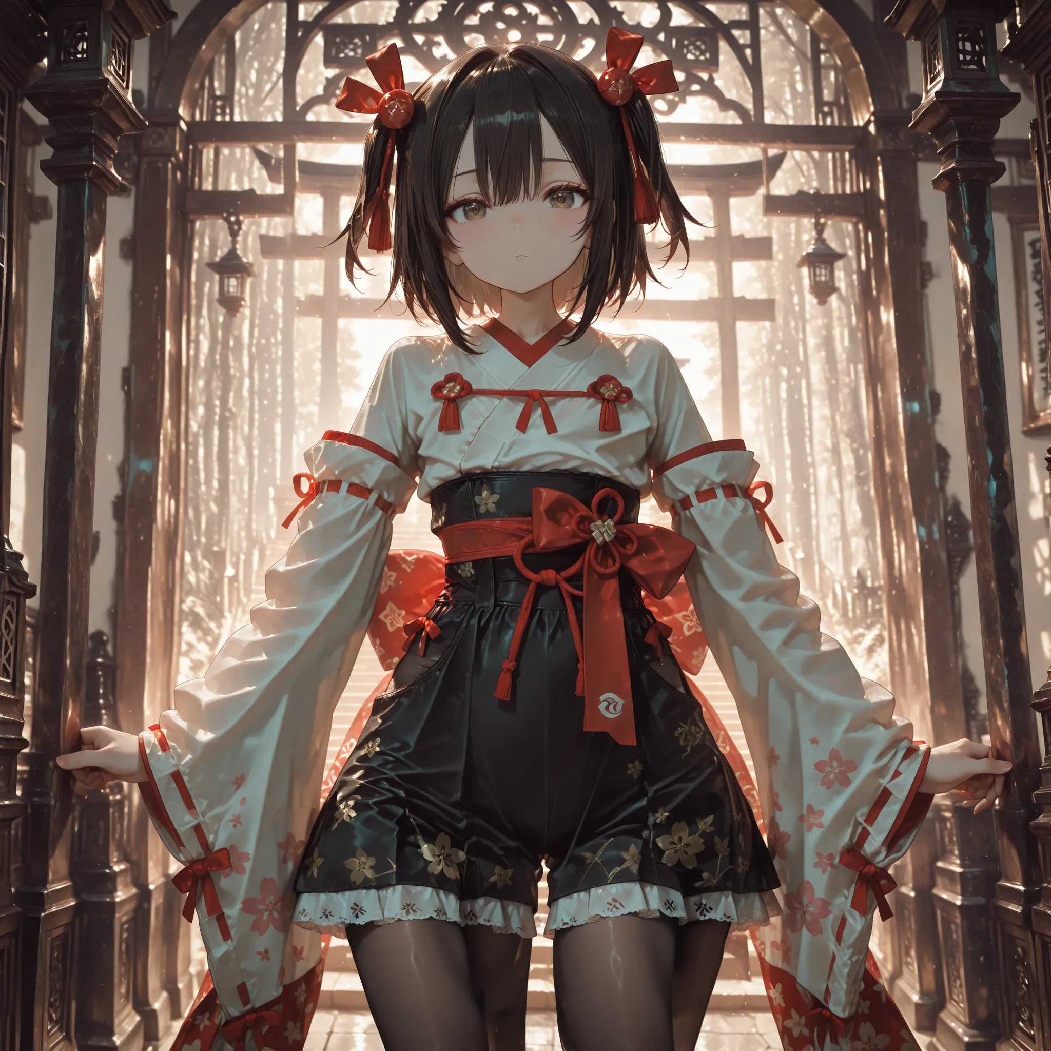 Shelley Gee, (masterpiece, top quality, High Definition: 1.2), girls, Alone, dark brown eyes,      frills、lace fabric、black hair、pantyhose、Women's Funny Faces、sleeves are bordered with lace  、Slightly Short Bob、 １35 cm 、elementary school student、cute face、...