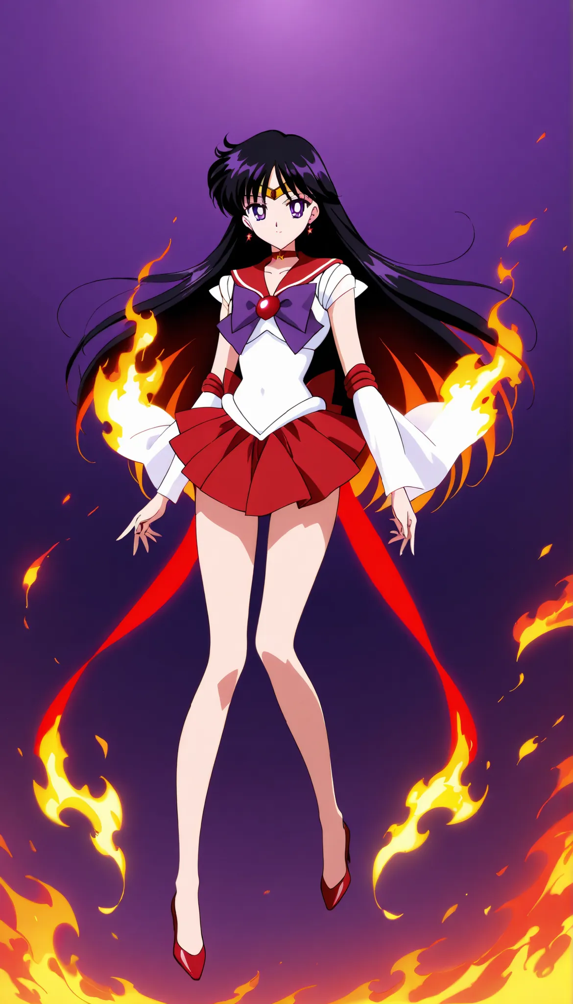 best quality, masterpiece, 4k resolution, hyper-detailed, best-quality, source_anime, 1girl, full body, solo, sailor mars, mature, rei hino, black hair, diadem, long hair, burning hair, glowing hair, purple eyes, parted bangs, magical girl, smooth skirt, w...