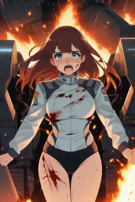 cockpit_explosion, fire, electricity, screaming, explosion, science fiction, wide-eyed, tearing clothes, standing, blood, scared, sweat, crying, mecha, torn clothes, tears, cockpit,1girl、wearing black gymnastics bloomers,high leg,white blouse,cowboy shot
