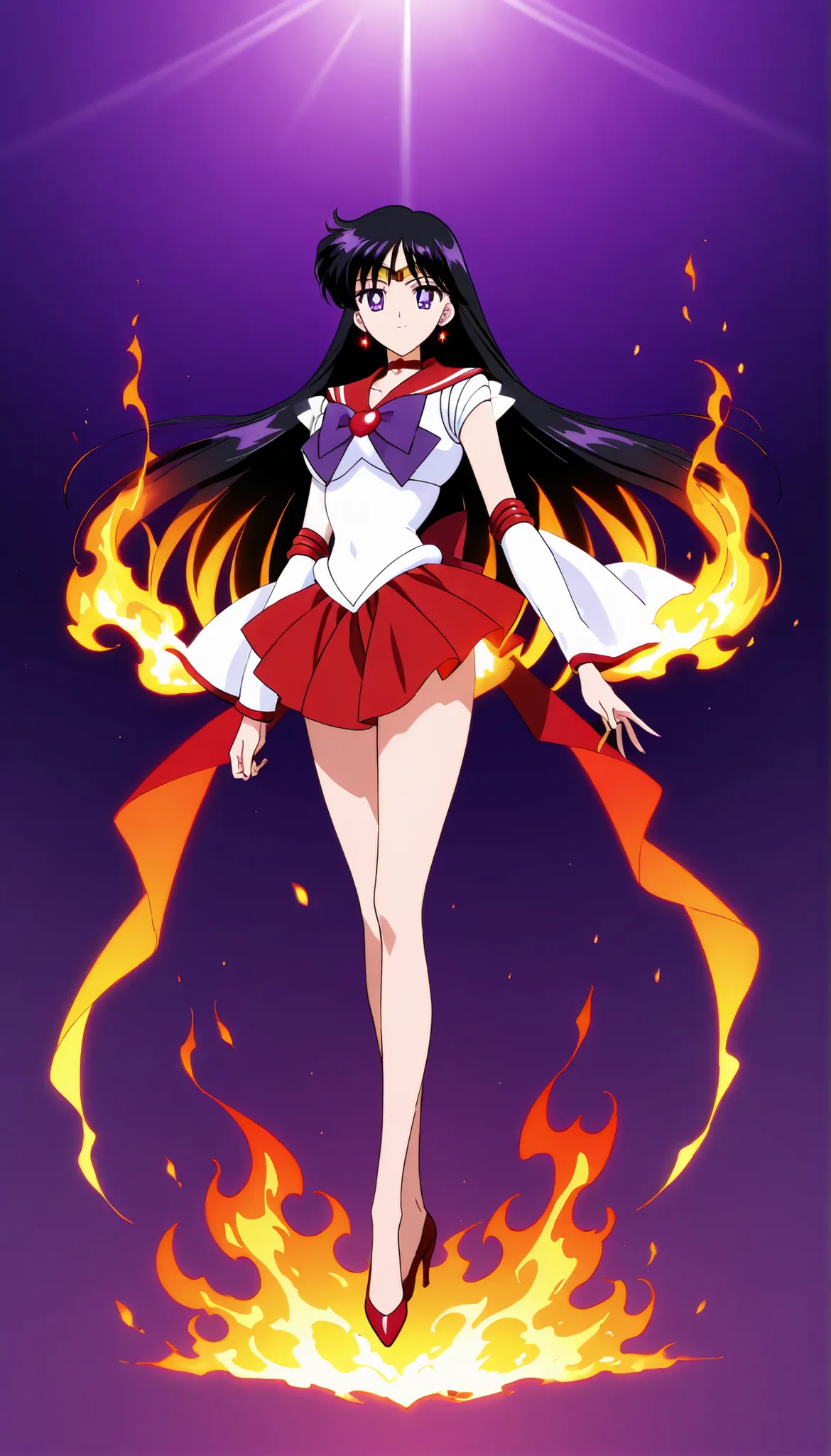 best quality, masterpiece, 4k resolution, hyper-detailed, best-quality, source_anime, 1girl, full body, solo, sailor mars, mature, rei hino, black hair, diadem, long hair, burning hair, glowing hair, purple eyes, parted bangs, magical girl, smooth skirt, w...