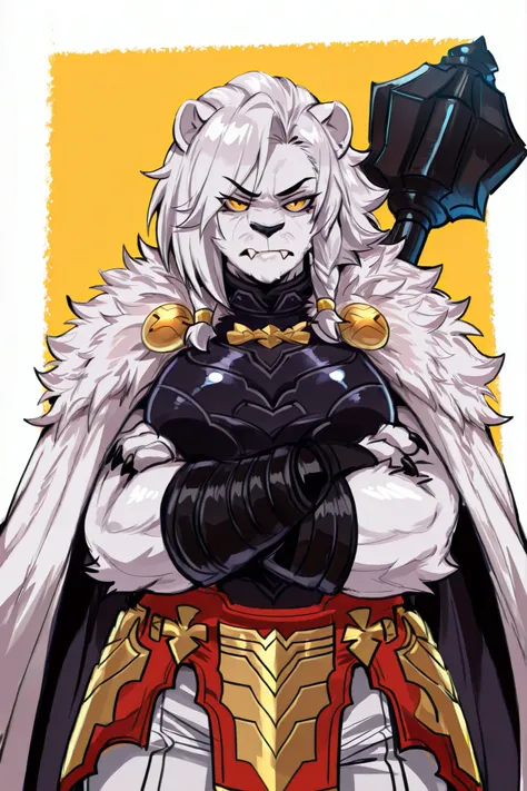 kurenaiz, ThokkIN, masterpiece, ultra highres, best quality, 1girl, tall, medium breasts, short asymmetrical haircut, textured choppy ends, side-swept bangs, layered cut, tousled texture, modern hairstyle, female Battle Beast, athletic lioness warrior, Bat...