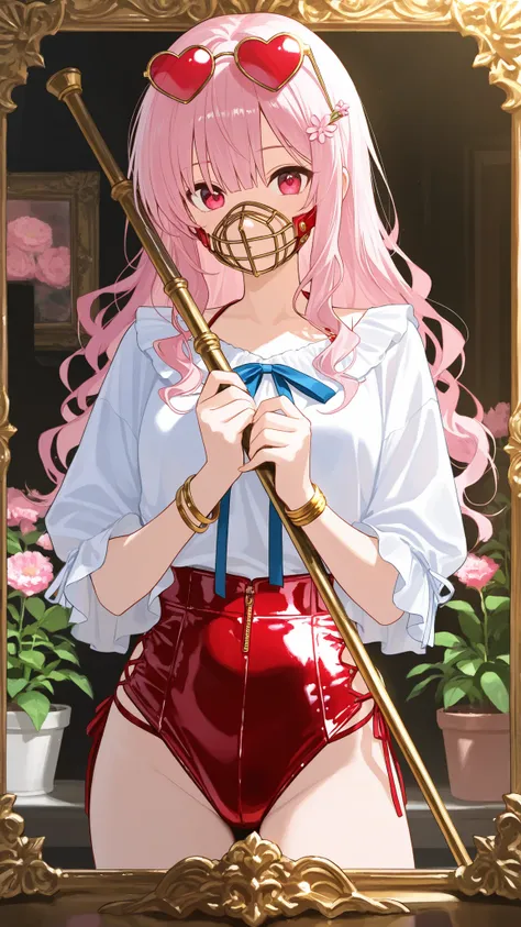 score_9, score_8_up , score_7_up , score_9,Score_9, Score_8_up , Score_7_up ,Fantasy portrait photography, full-body centered composition, 1girl with golden wavy hair, large pink flower hairpin, red heart-shaped sunglasses pushed up on head. Wearing glossy...
