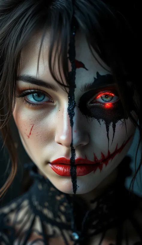 A glamorous Japanese idol with two faces, one half innocent and sweet, the other half cruel and sadistic, split-personality concept, hyper-realistic, cinematic style, highly detailed textures, dramatic lighting