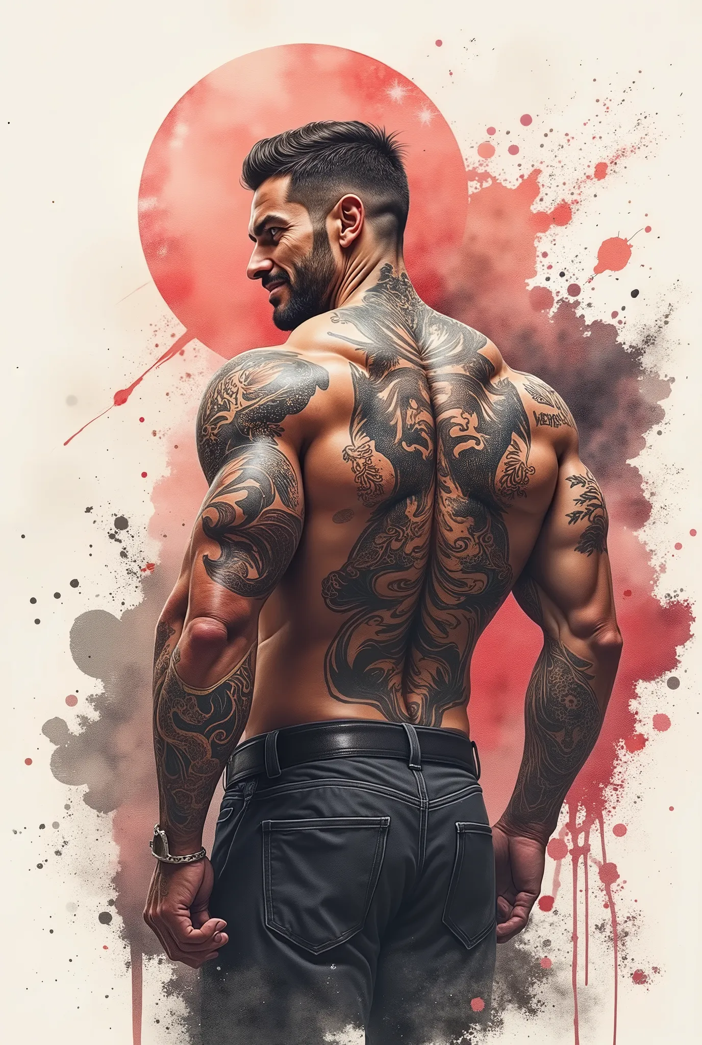 paintstreaks,watercolor painting. imposing man, wide chest, sculpted abdomen, massive muscles, with his entire back turned and only his face facing the camera, he is smiling evilly. He has tattoos all over her back. Pose: Standing with her back turned. Wit...