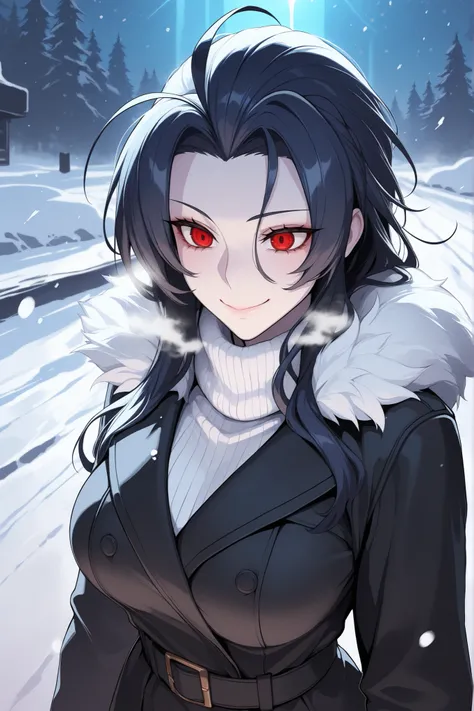 absurdres, (((Ultra HD))), (((Ultra High Quality))), ((hyper detailed)), ((Ultra High Resolution)), (Highly rendered), ((detailed eyes)), (((8K))), ((perfect face)), ((masterpiece)), cinematic, darkened, solo, 1girl, tall, smile, dark blue hair, long hair,...