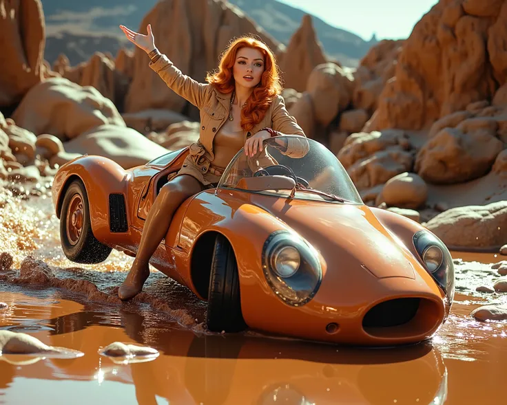 A beautiful ginger girl driving a wacky car made from candy into a chocolate puddle wearing a chocolate colored trench coat and tan GlossyPantyhose, SFW, she doesn't know she's about to drive into a trap placed by the mischievous and beautiful blonde retro...