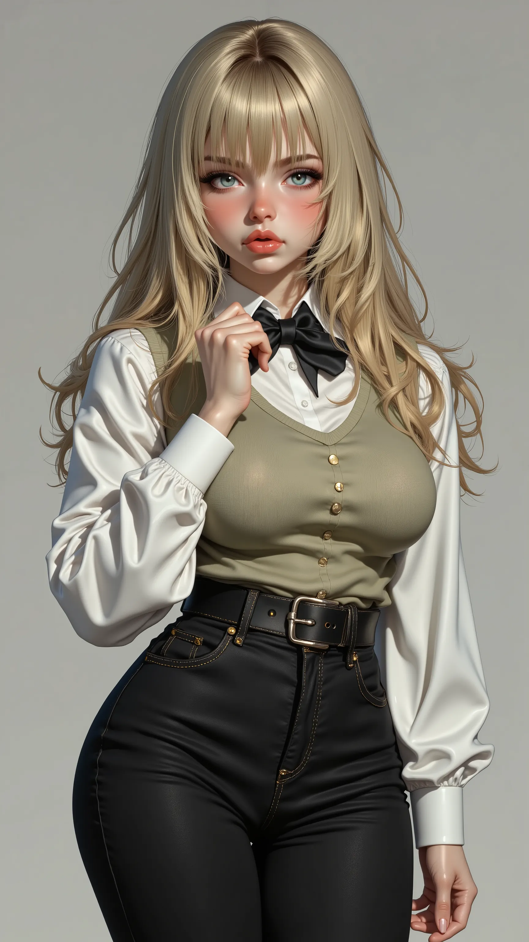 Doll,16k, high detailed picture, realistic style, masterpiece, very young girl, disheveled hair, full body shot, shy, snub nose, a long strand of bangs hangs between her right eye, light blue eyes, big eyes, hair over one eye, light hair, long hair, (sexy ...