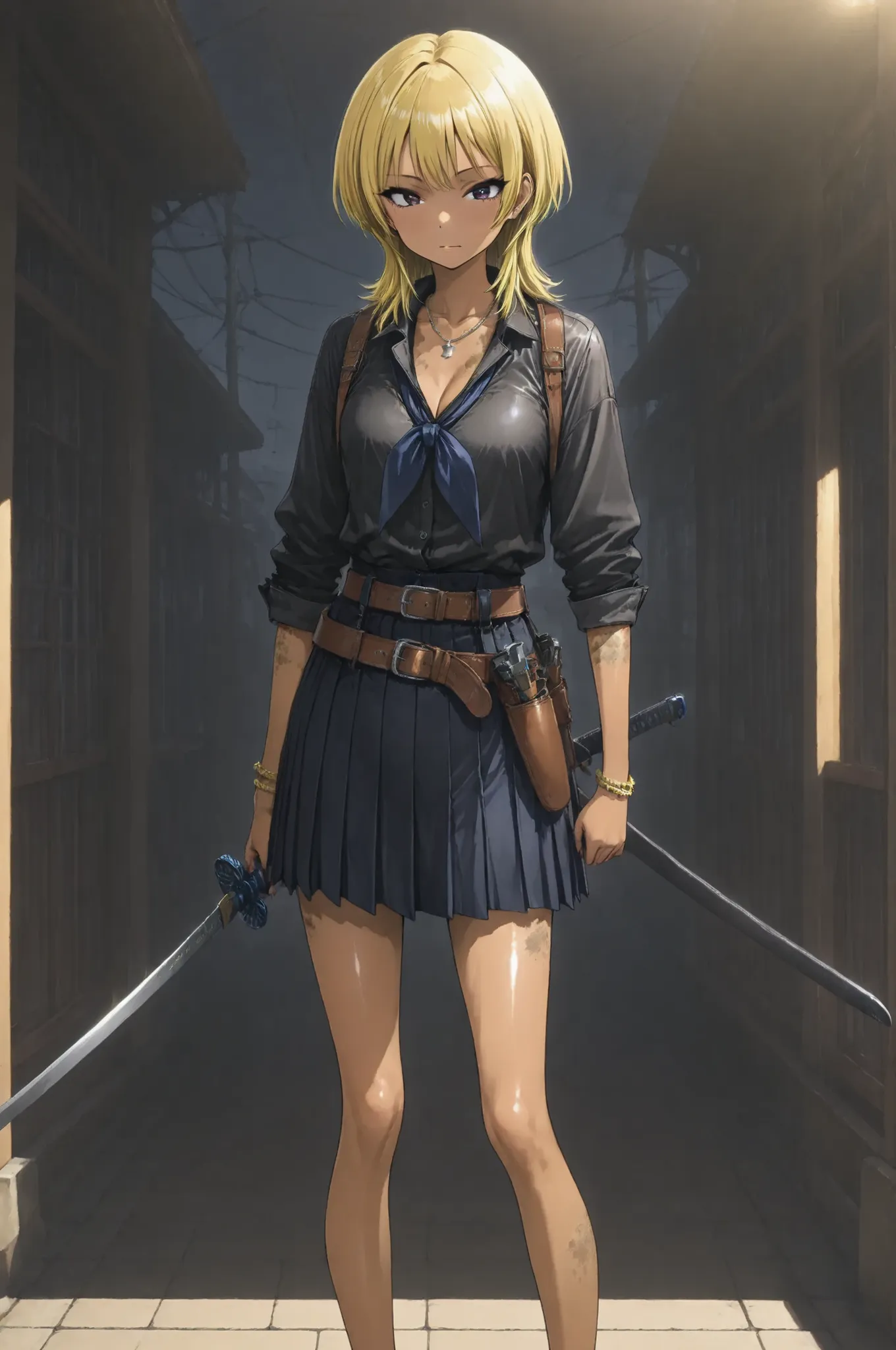 One Ouka-chan、solo,wolf cut,yellow hair,Brown Skin,thin legs,perfect face,anatomically accurate,top quality,textured skin,Film lighting effects,anime screenshot,kogyaru