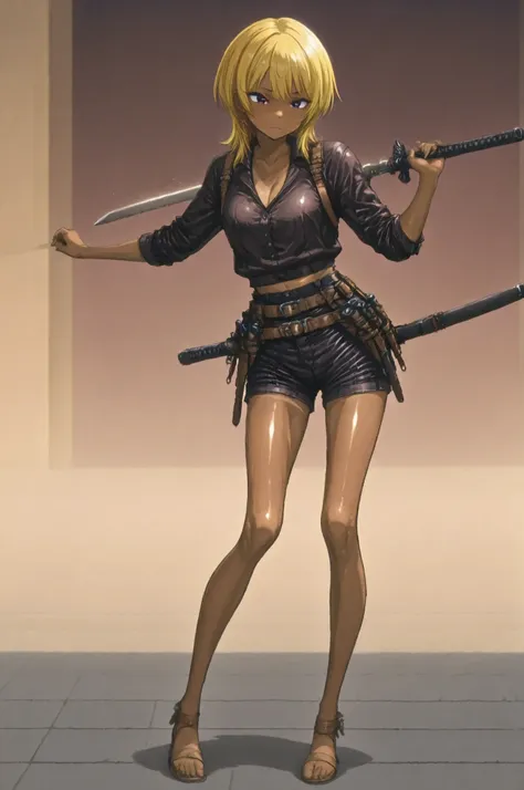 One Ouka-chan、solo,wolf cut,yellow hair,Textured brown skin,thin legs,perfect face,anatomically accurate,top quality,shiny skin、Film lighting effects,anime screenshot,kogyaru、Japanese sword、tool belt with tanned leather sheath、Tanned leather full harness、p...