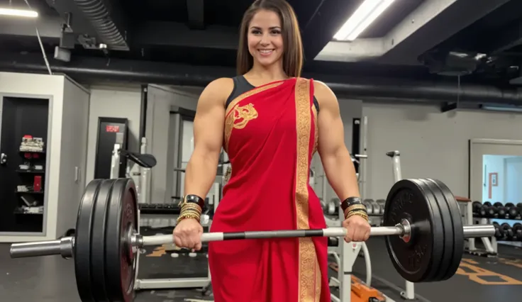 A strong, muscular woman performing a powerlifting workout in a gym, confidently lifting a heavy barbell. She is wearing a vibrant red Indian saree, gracefully draped but adapted for movement, with gold accents and traditional jewelry. Her muscles are well...