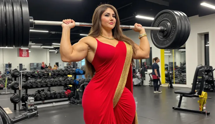 A strong, muscular woman performing a powerlifting workout in a gym, confidently lifting a heavy barbell. She is wearing a vibrant red Indian saree, gracefully draped but adapted for movement, with gold accents and traditional jewelry. Her muscles are well...