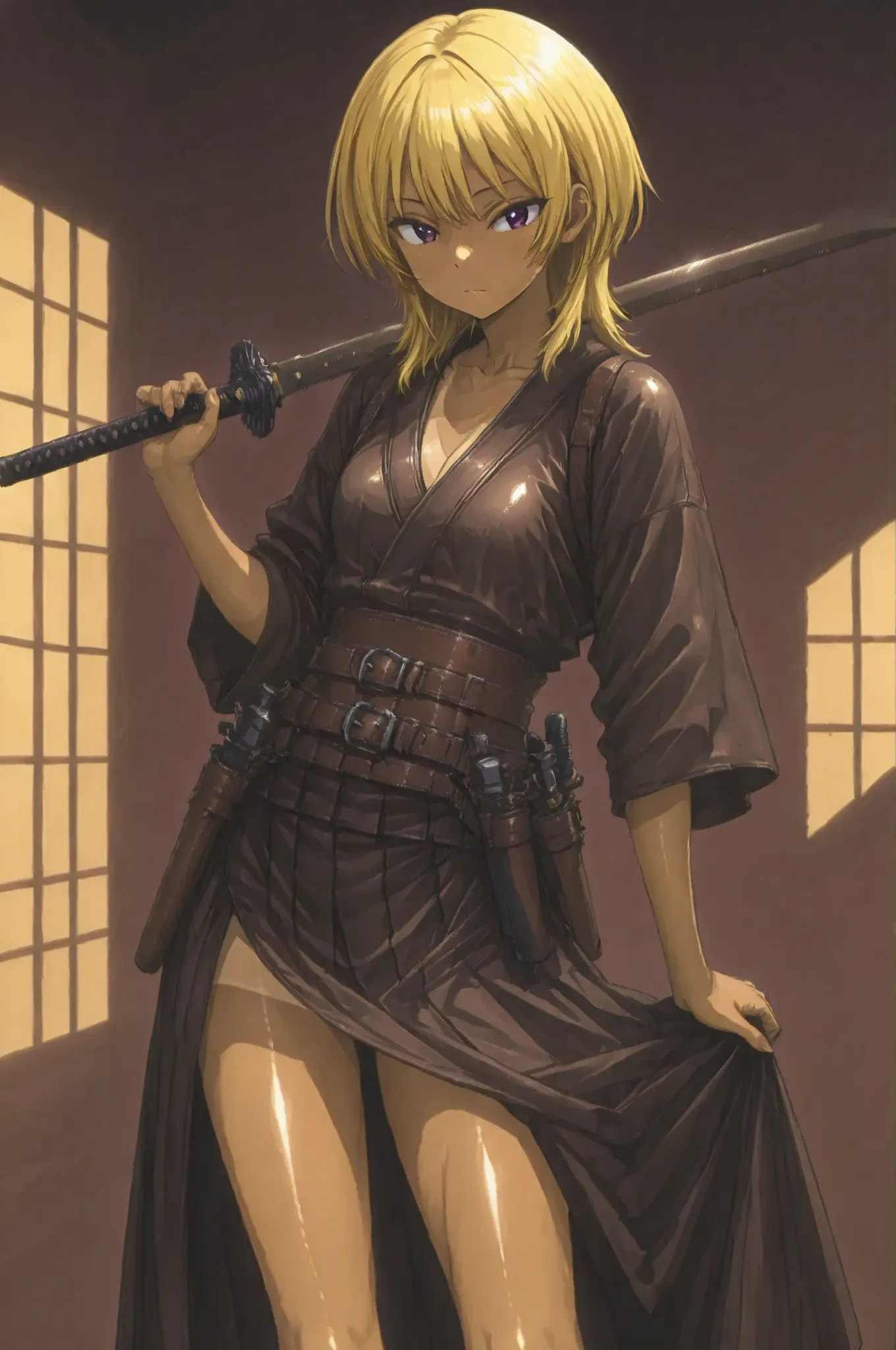 One Ouka-chan、solo,wolf cut,yellow hair,Textured brown skin,thin legs,perfect face,anatomically accurate,top quality,shiny skin、Film lighting effects,anime screenshot,kogyaru、Japanese sword、tool belt with tanned leather sheath、Tanned leather kimono、perfect...