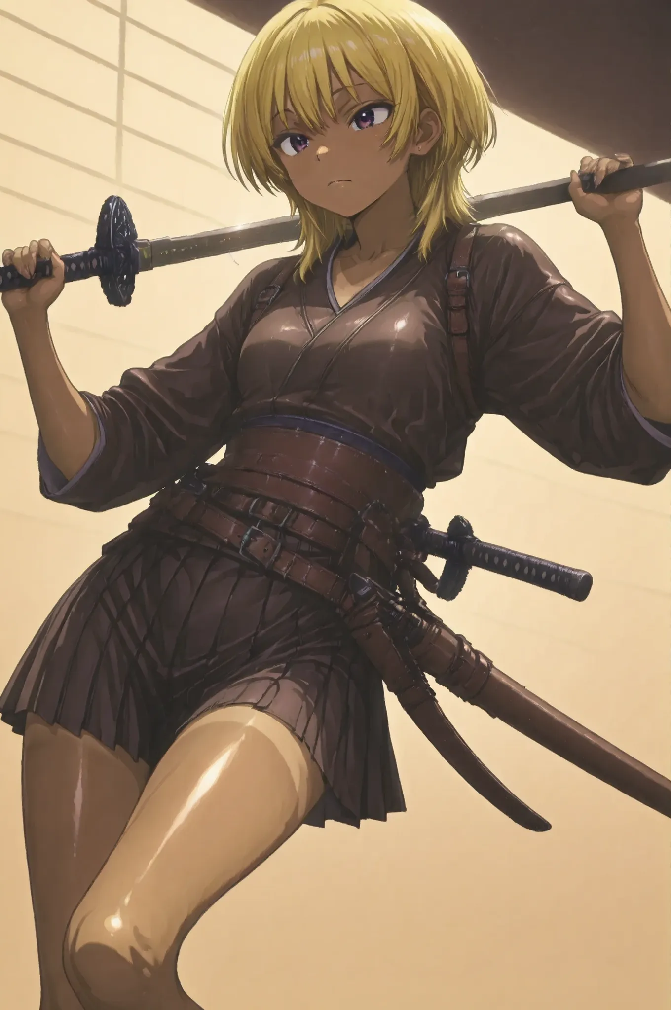 One Ouka-chan、solo,wolf cut,yellow hair,Textured brown skin,thin legs,perfect face,anatomically accurate,top quality,shiny skin、Film lighting effects,anime screenshot,kogyaru、Japanese sword、tool belt with tanned leather sheath、Tanned leather kimono、perfect...