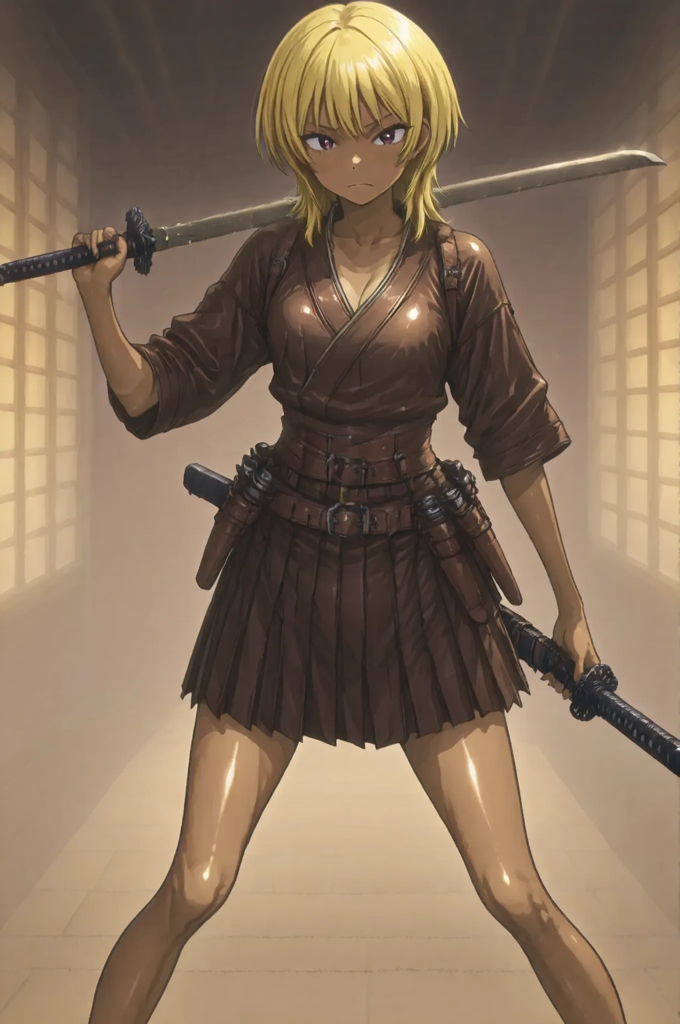 One Ouka-chan、solo,wolf cut,yellow hair,Textured brown skin,thin legs,perfect face,anatomically accurate,top quality,shiny skin、Film lighting effects,anime screenshot,kogyaru、Japanese sword、tool belt with tanned leather sheath、Tanned leather kimono、perfect...