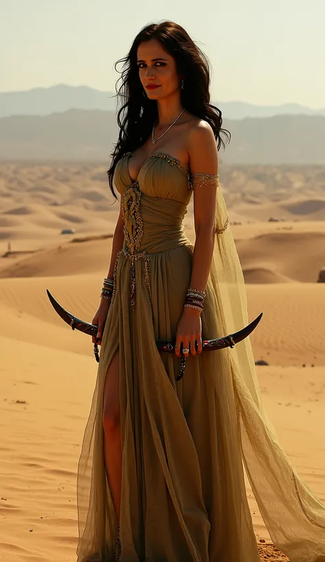 Eva Green like an exotic and deadly dornesa
Clothes with bold cuts, golden jewels and loose hair.

Fundo: Dorne desert landscape.

Detalhe: holding a curved dagger with venom dripping.