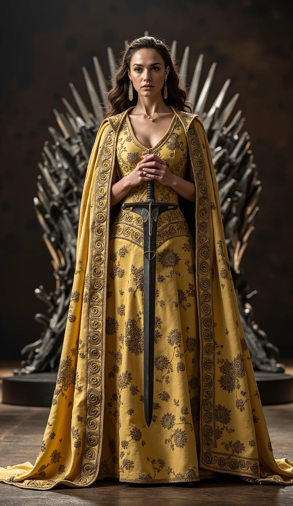 Gal Gadot as Queen of Westeros Royal golden armor with embroidered cloak. Fundo: Iron Throne in a silent hall. Detalhe: sword shining in the back, olhar de comando.
