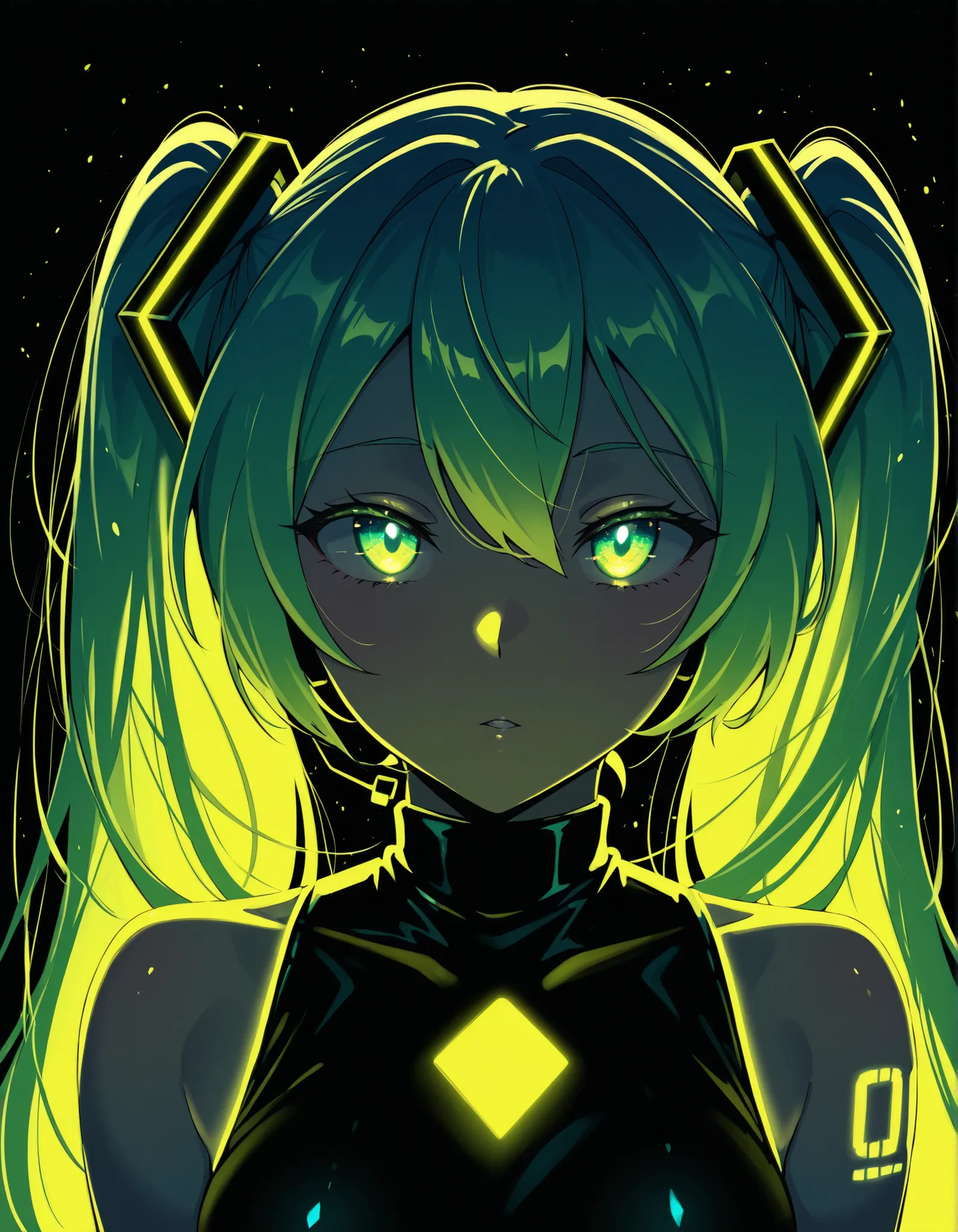 anawat,, Hatsune Miku,limited palette,black background,colorful,vibrant,glowing outline,neon,blacklight,looking at viewer, masterpiece, very aesthetic