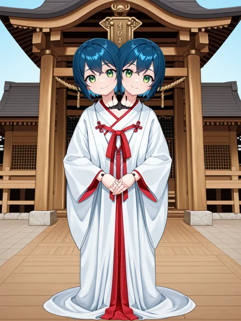 conjoined, anime girl with two heads, blue hair, green eyes, robot joints, hands folded at waist, politely greeting the viewer, black shrine maiden robe, shinto shrine