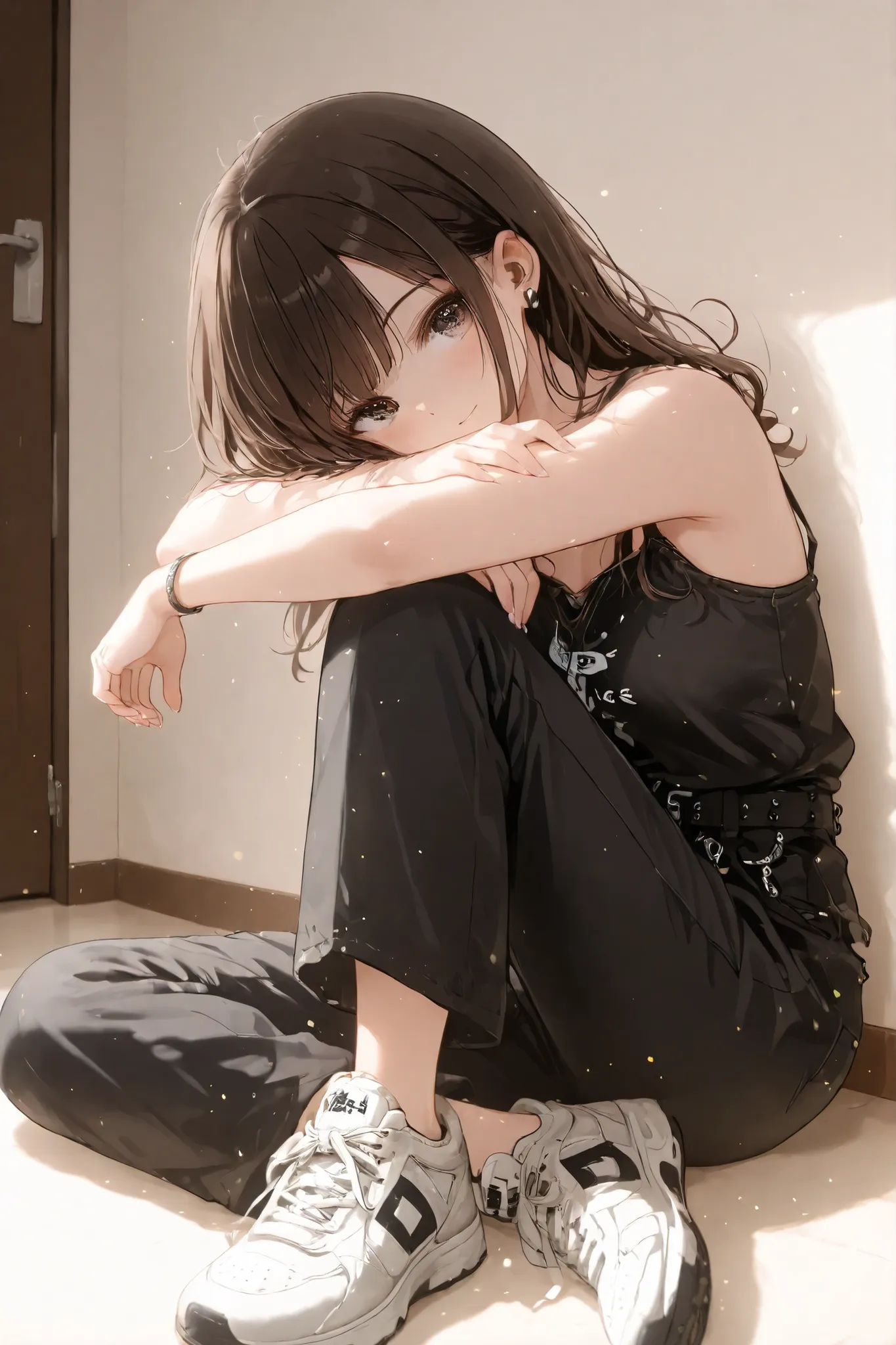 A fair-skinned girl, short curly dark brown hair, dark brown eyes, thin, wearing a black top end low-waisted pants and white comfortable sneakers in a room