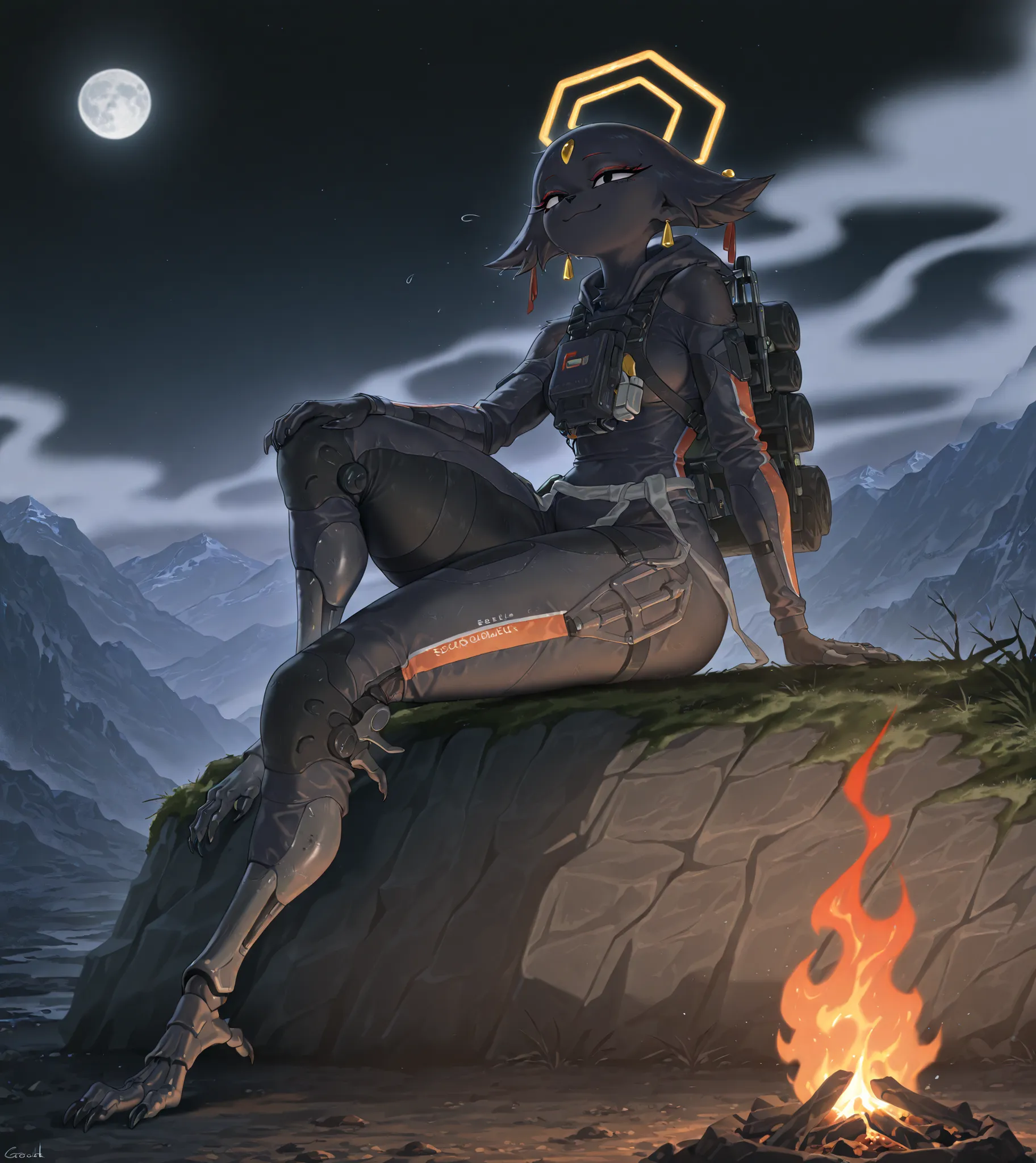 Masterpiece, better quality, amazing quality, very aesthetic, Absurds, newer, background a room light off, extreme detail, 8K ,Wool , Source_anime, Amazing background, ((\Goumang\:1.4)), (solo), female, harpy, (black body), fur, black nose, black_fur, long...