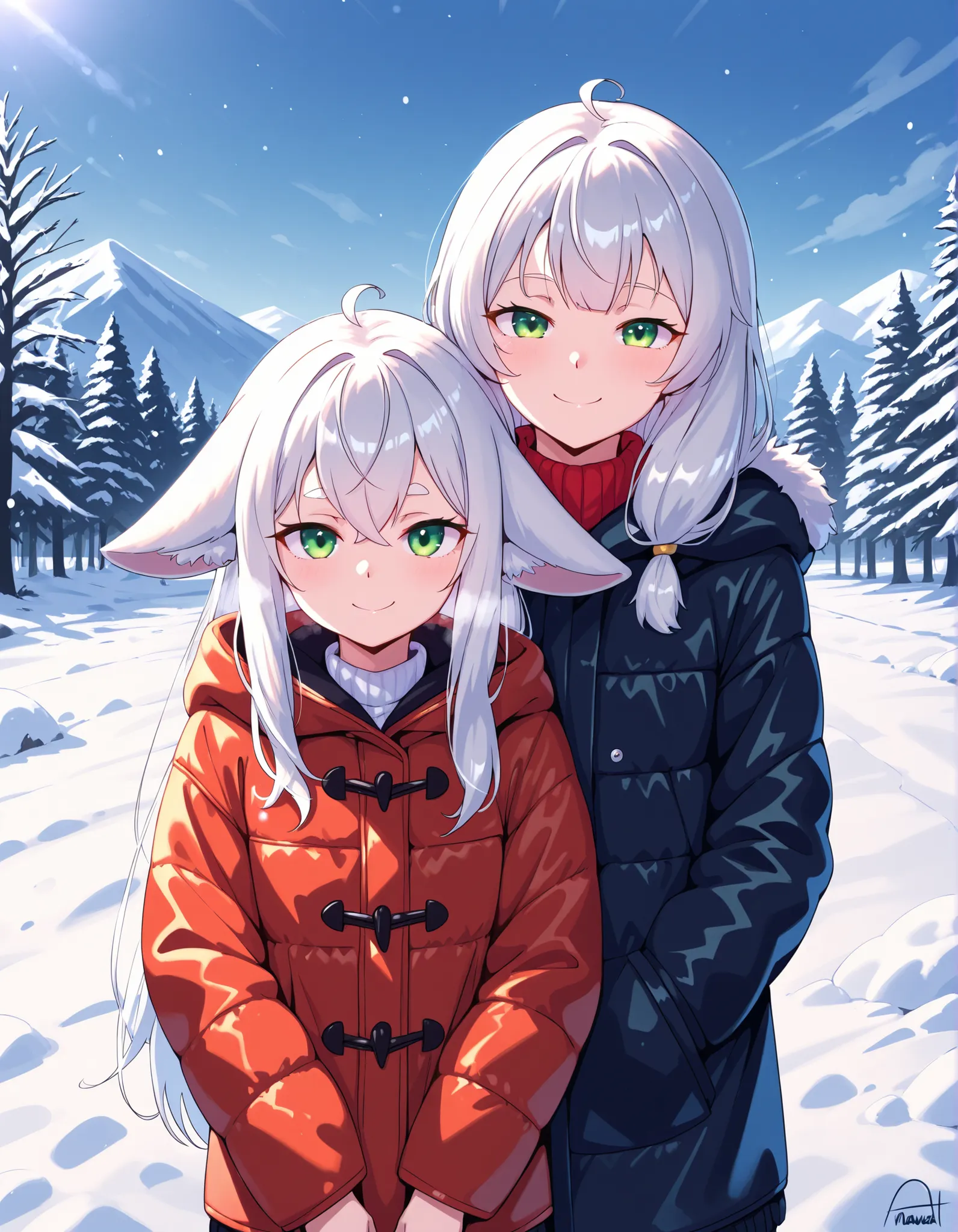 anawat,, anime, BREAK, young fox girl, skinny and frail, (petite,cute:0.5), green eyes, looking at viewer, long hair, white hair, smile, winter clothes, outdoors, winter,